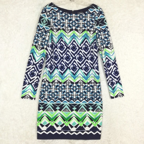 Vince Camuto‎ Womens Dress Long Sleeved Sheath Above Knee White Blue Geometric 6 - Picture 1 of 10